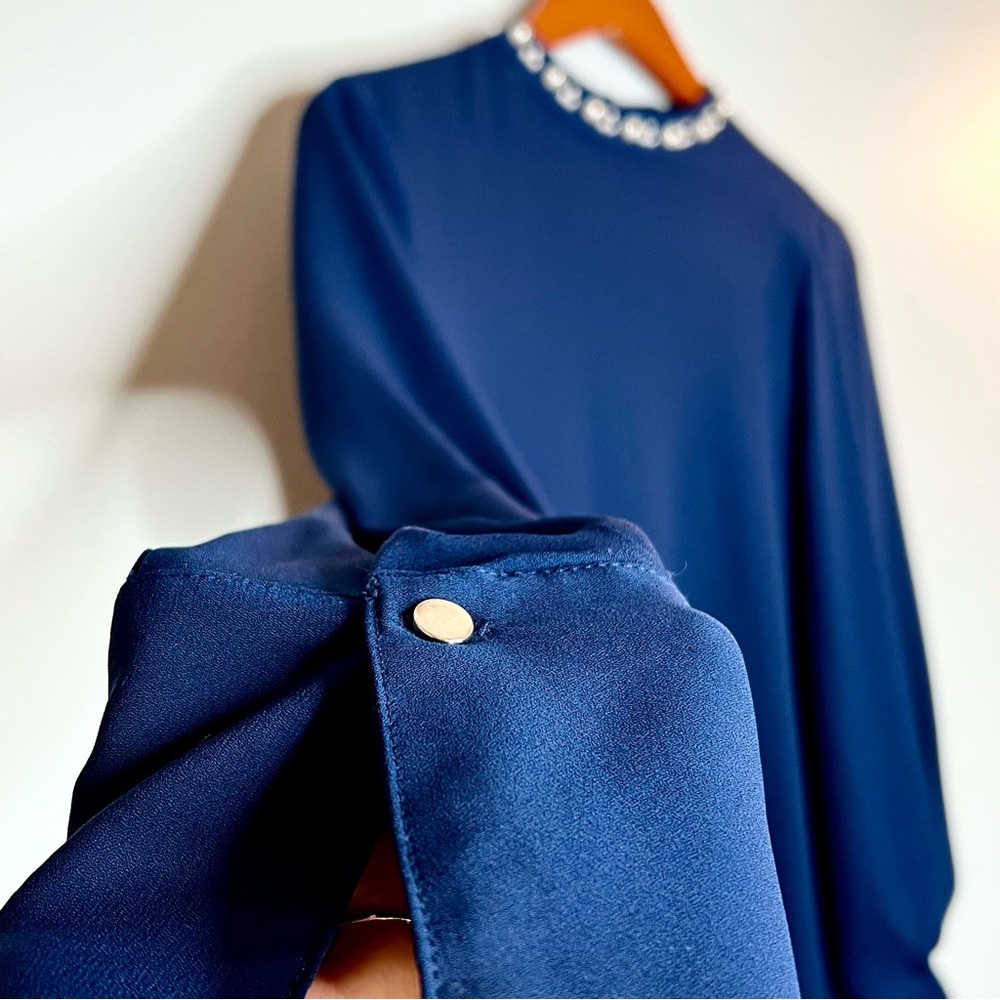 Worthington Embellished Beaded Blouse Sz S Navy Blue Mock Neck Bishop Sleeves - Picture 6 of 14